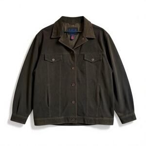 Denim & Co. Genuine Leather Suede Jacket Brown Button Front 1X Womens Coat Plus